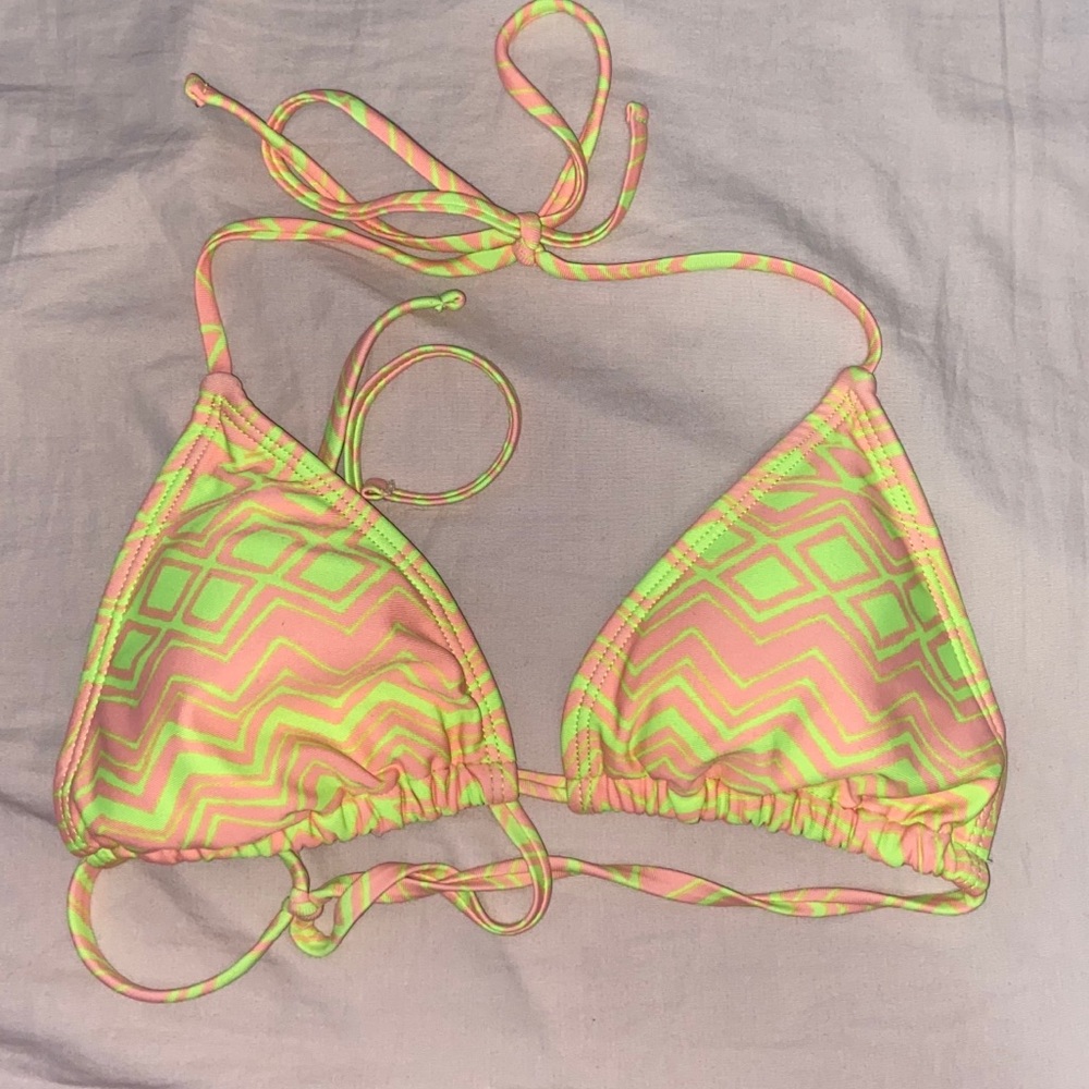 neon green and pink bikini top